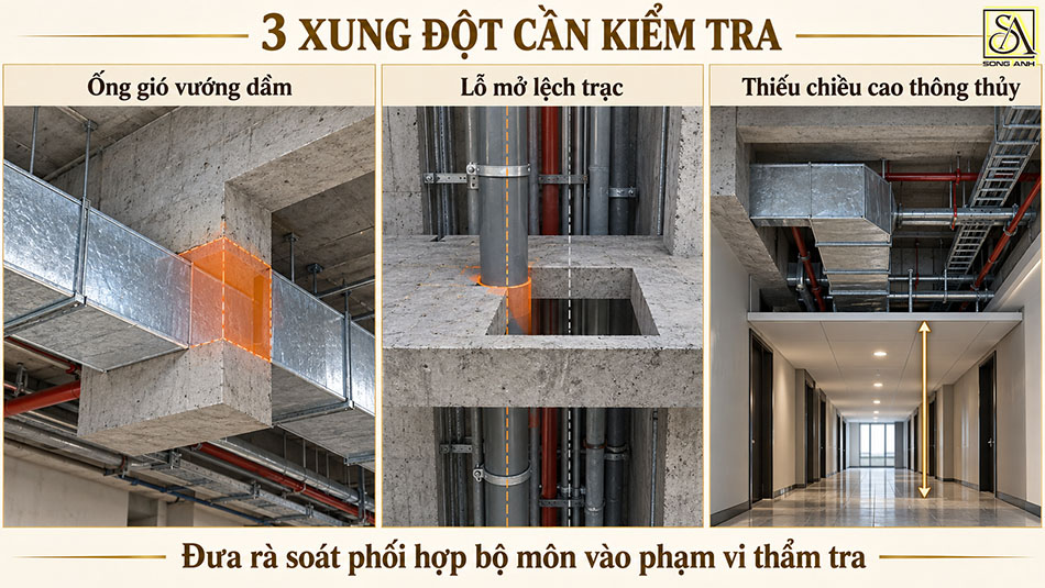 ống gió vướng dầm, lỗ mở lệch trục và thiếu chiều cao thông thủy